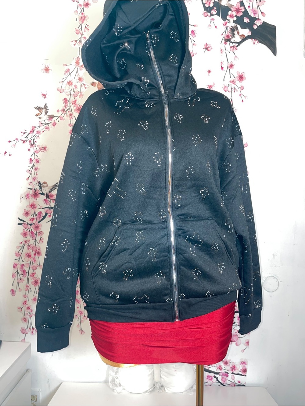 🔥🧥Mens,Women’s Black Hooded Bomber Jacket with Rhinestone Cross Accents